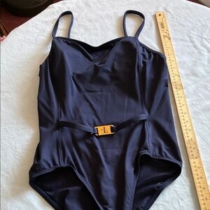 Ralph Lauren Navy One-Piece Swimsuit with Gold RL Buckle Accent